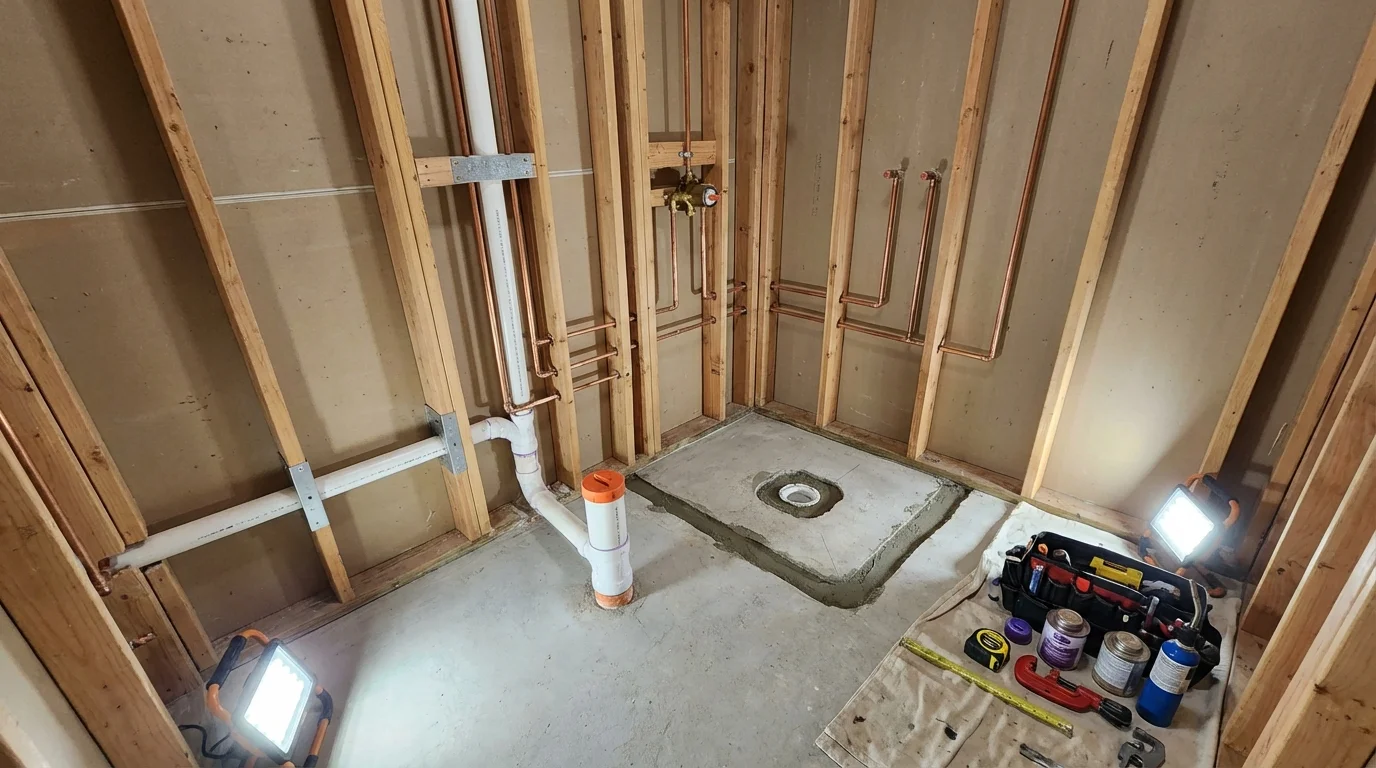 Bathroom rough-in plumbing during remodel by Johns Plumbing LLC in Boyceville