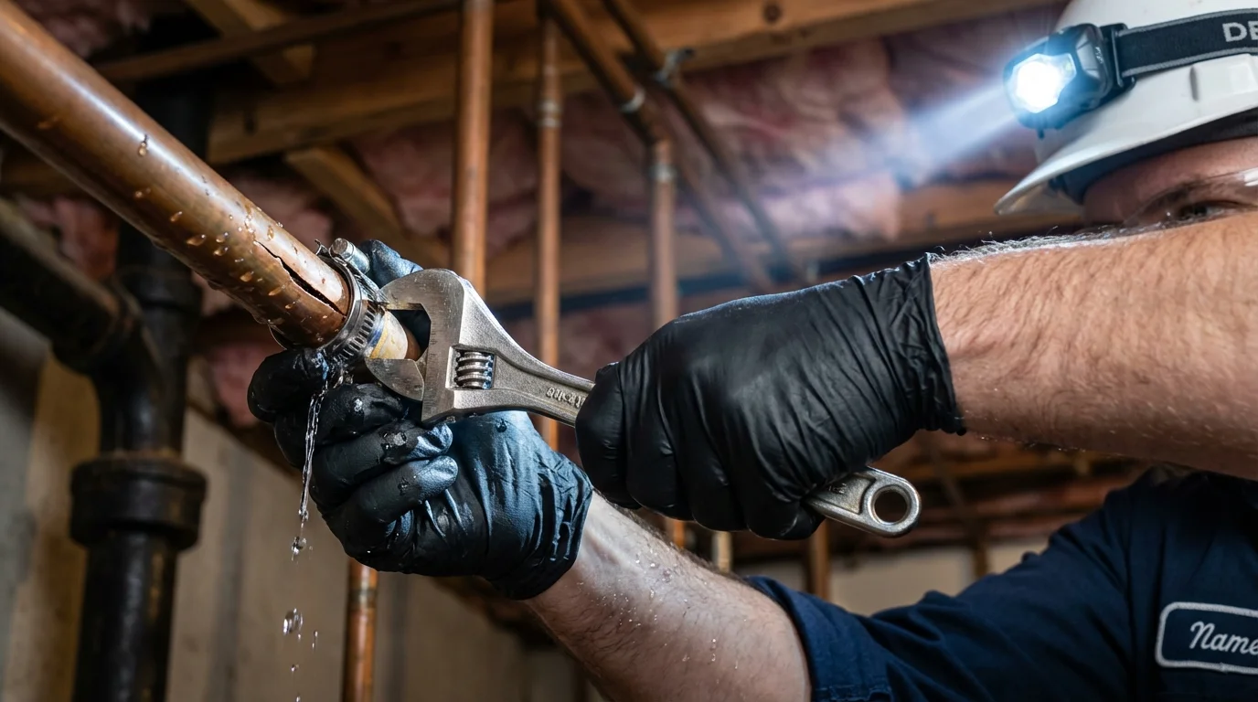 Emergency pipe clamp repair being performed by a Johns Plumbing LLC plumber in Boyceville