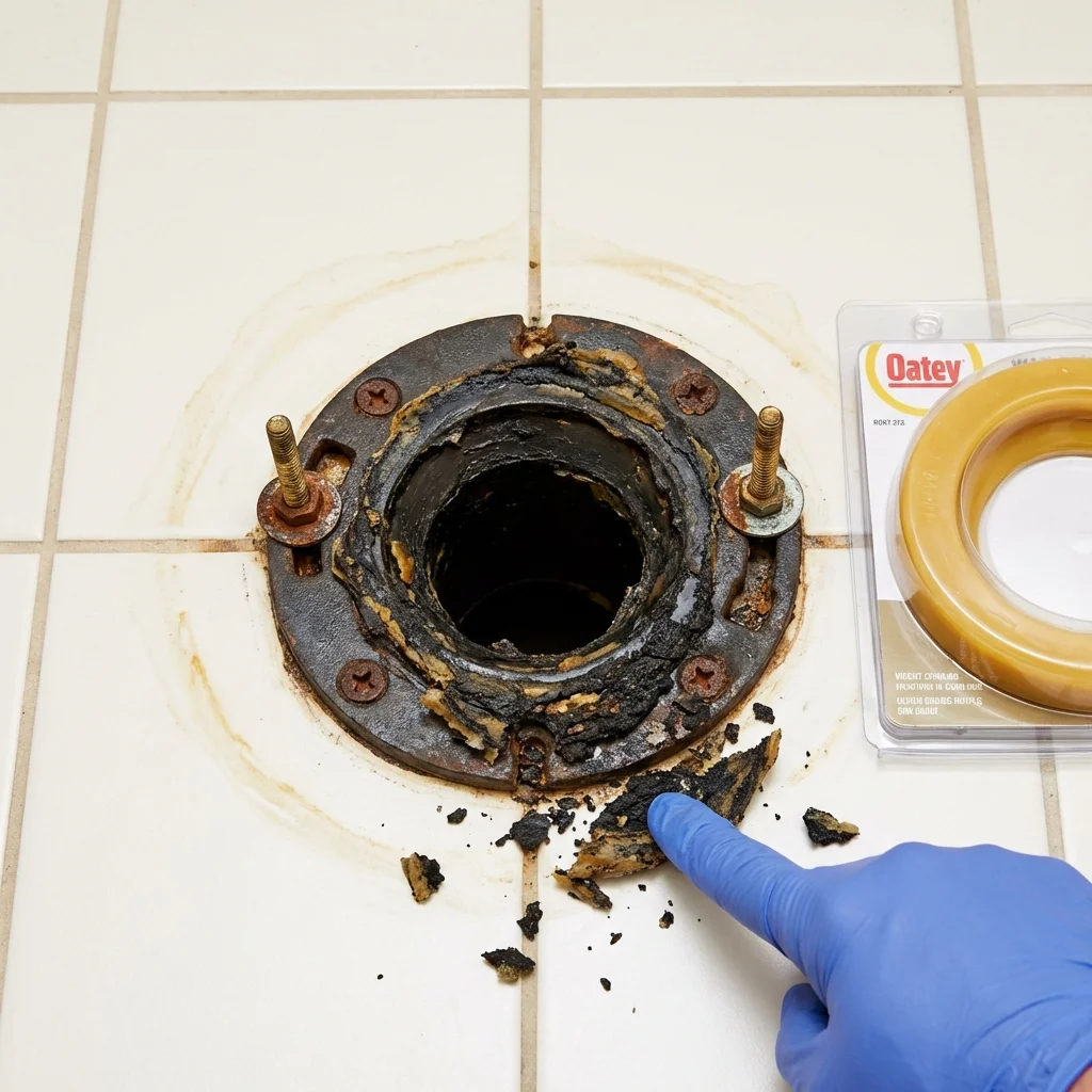 Failed wax ring showing water seepage at the base of a toilet in a Boyceville, WI home