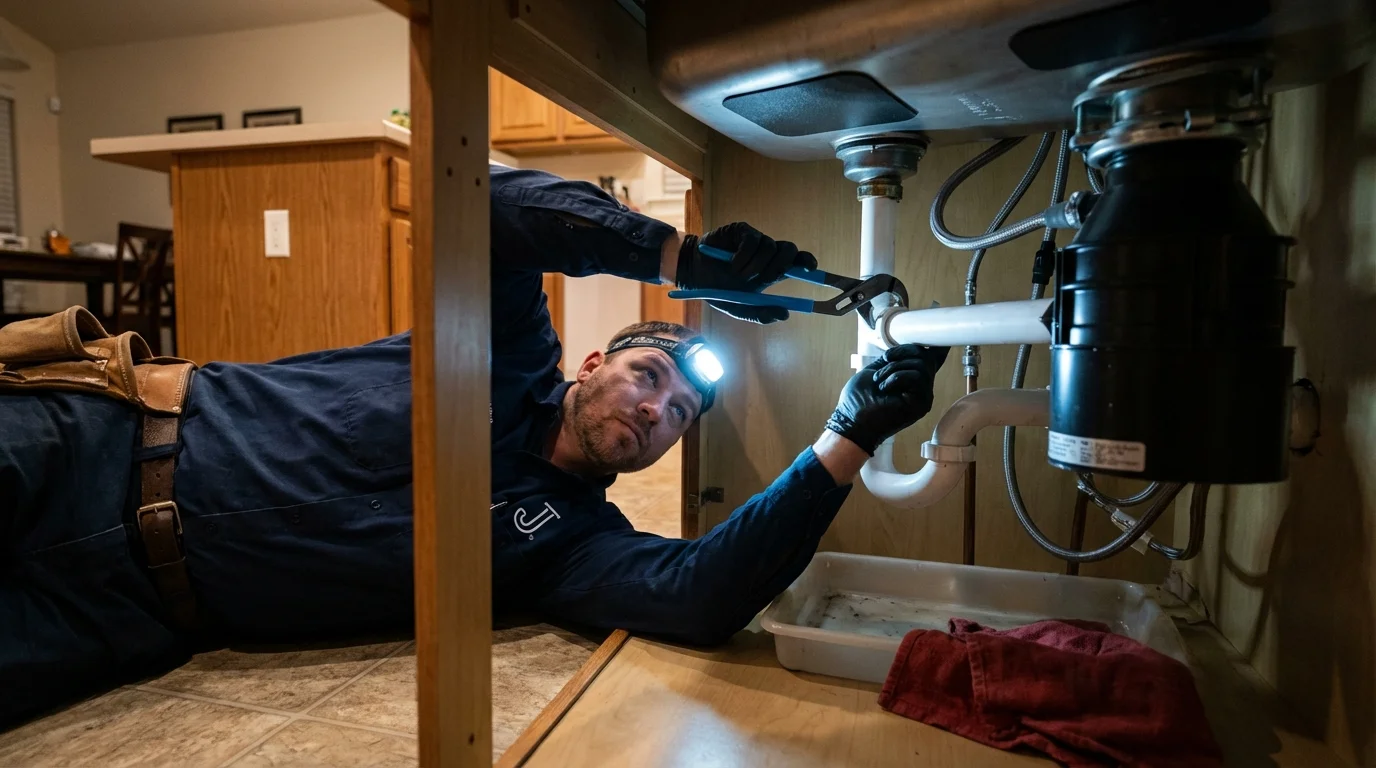 P-trap and supply line connections under a kitchen sink showing a common leak point in Boyceville, WI